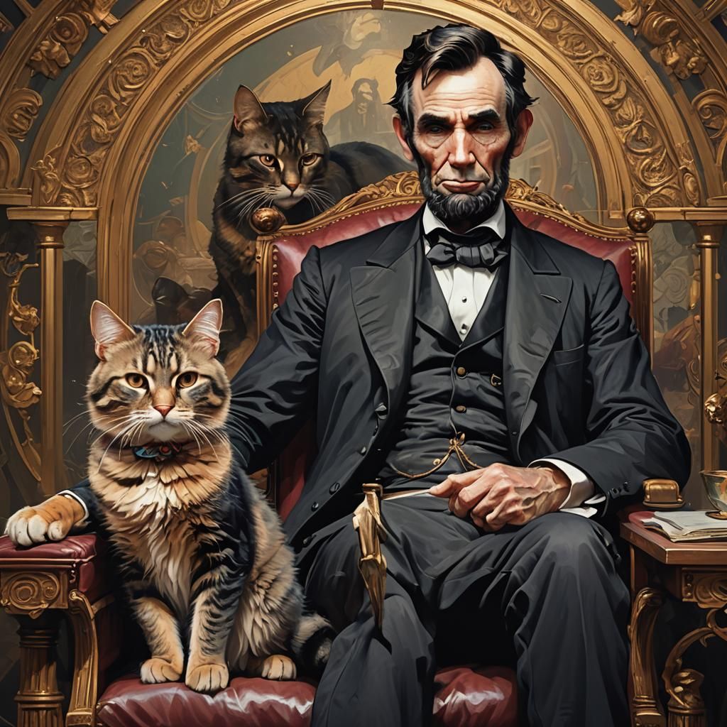 Abraham Lincoln with Cats: Digital Portrait Art