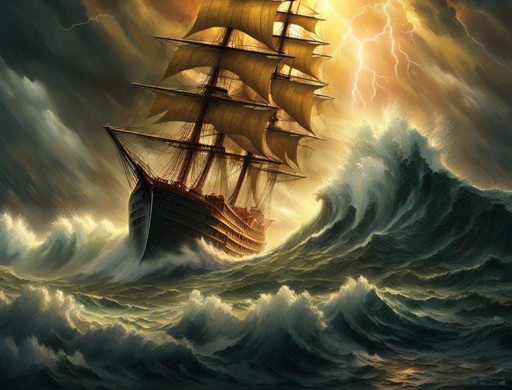 A Lone Ship Bracing the Storm