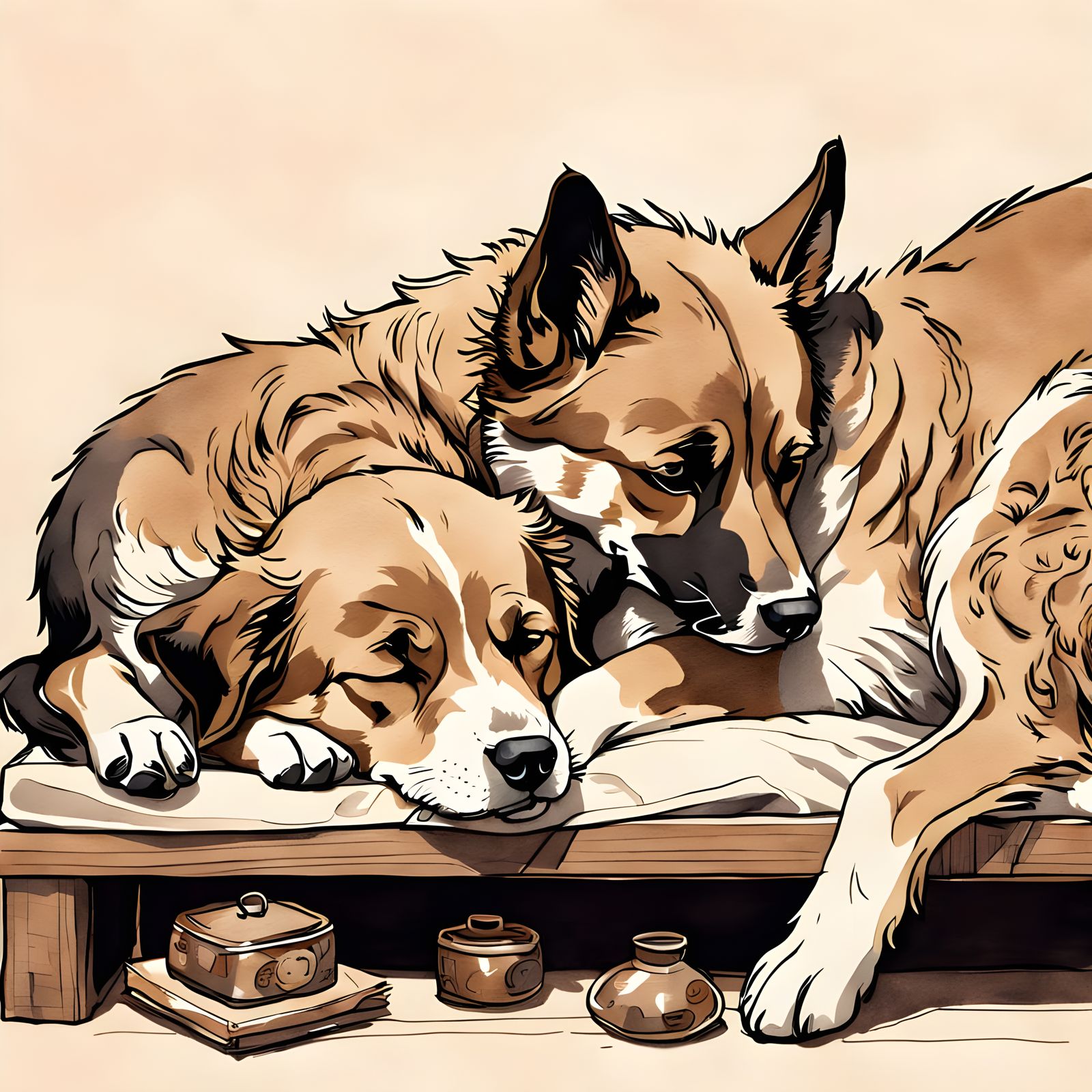 Intertwined Dogs in Sepia Ink Drawing