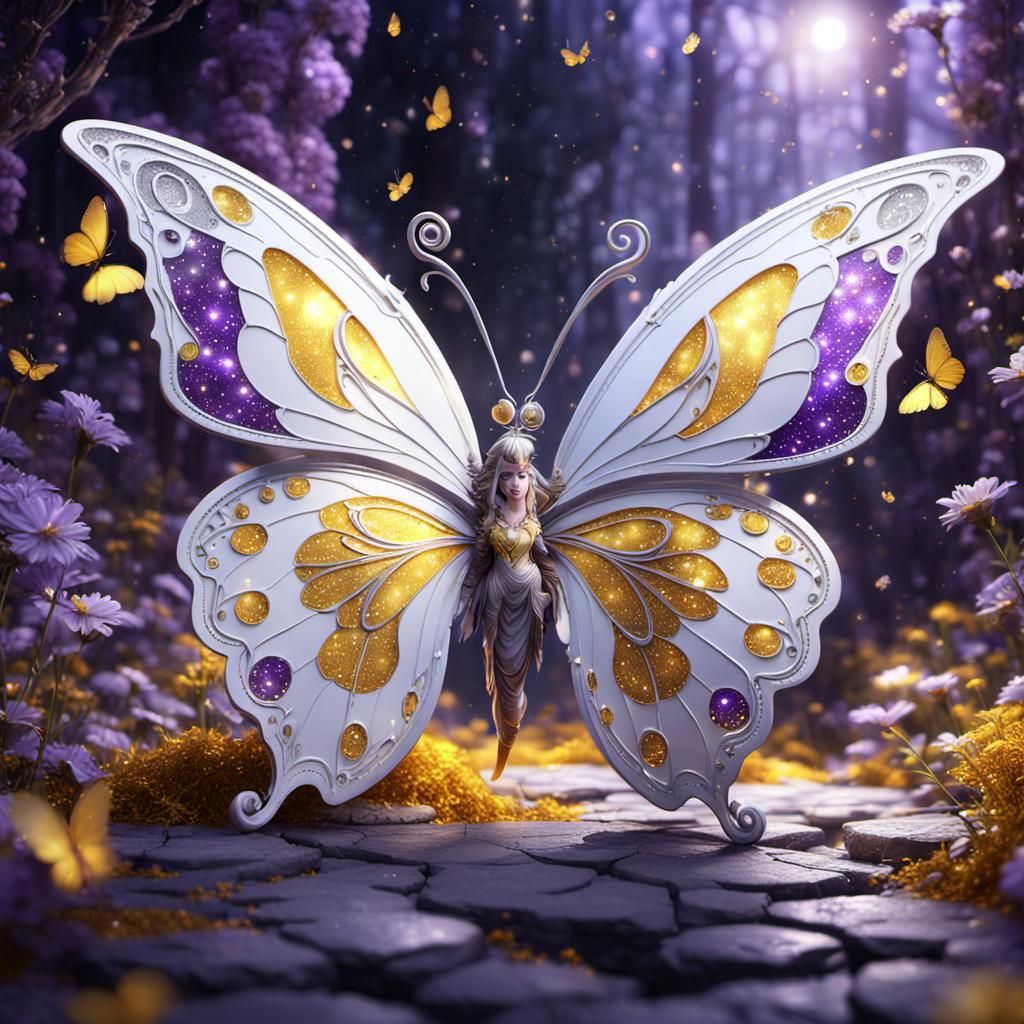 Beautiful fantasy world yellow white purple and shimmering silver fairy butterfly gold dust sparkles