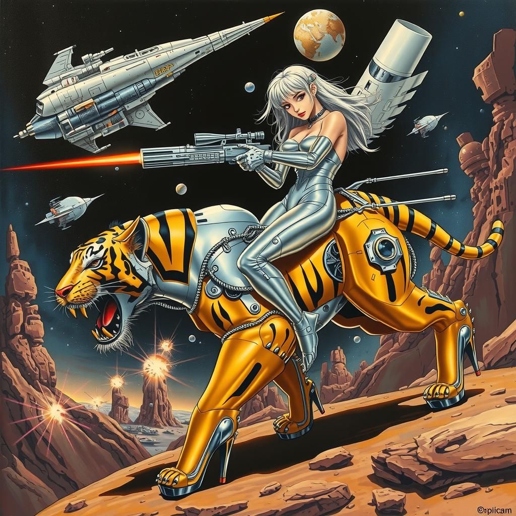 Cyberpunk Woman on Robotic Tiger in Space