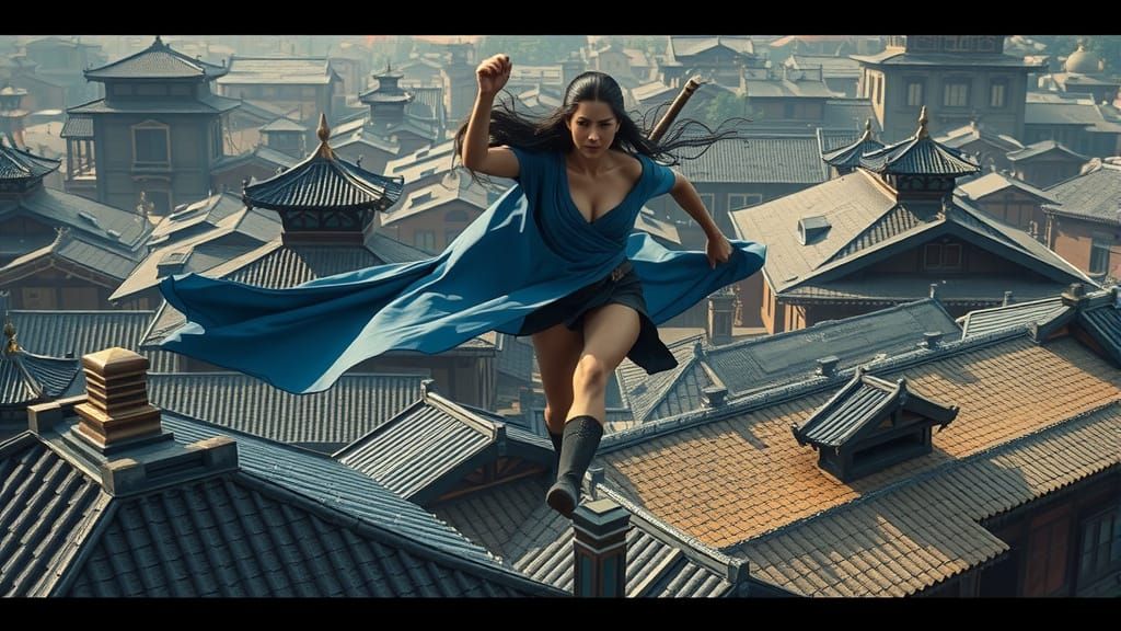 Epic Woman Runs Through Ancient Asian City