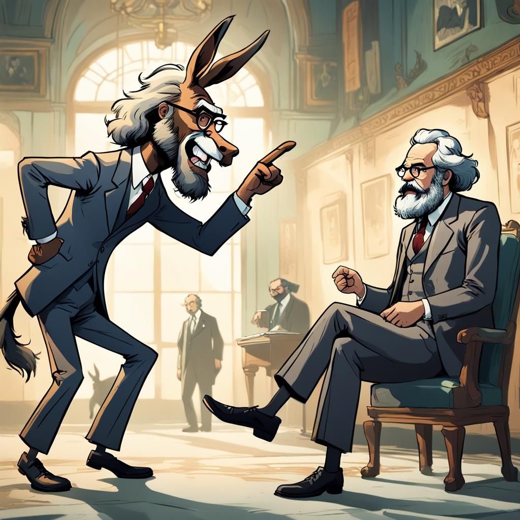 Marx Debates Unhappy Donkey in Anime Caricature