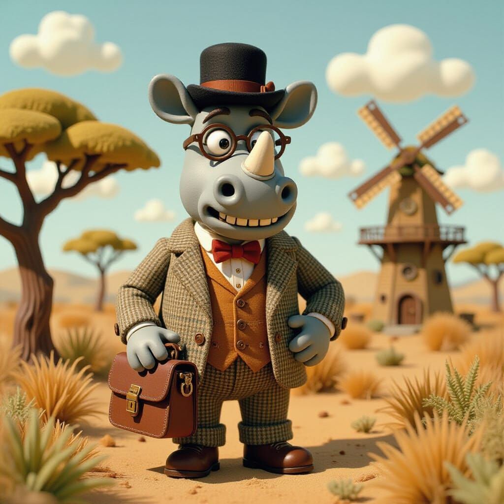 Steampunk Rhinoceros in Claymation Style Savanna
