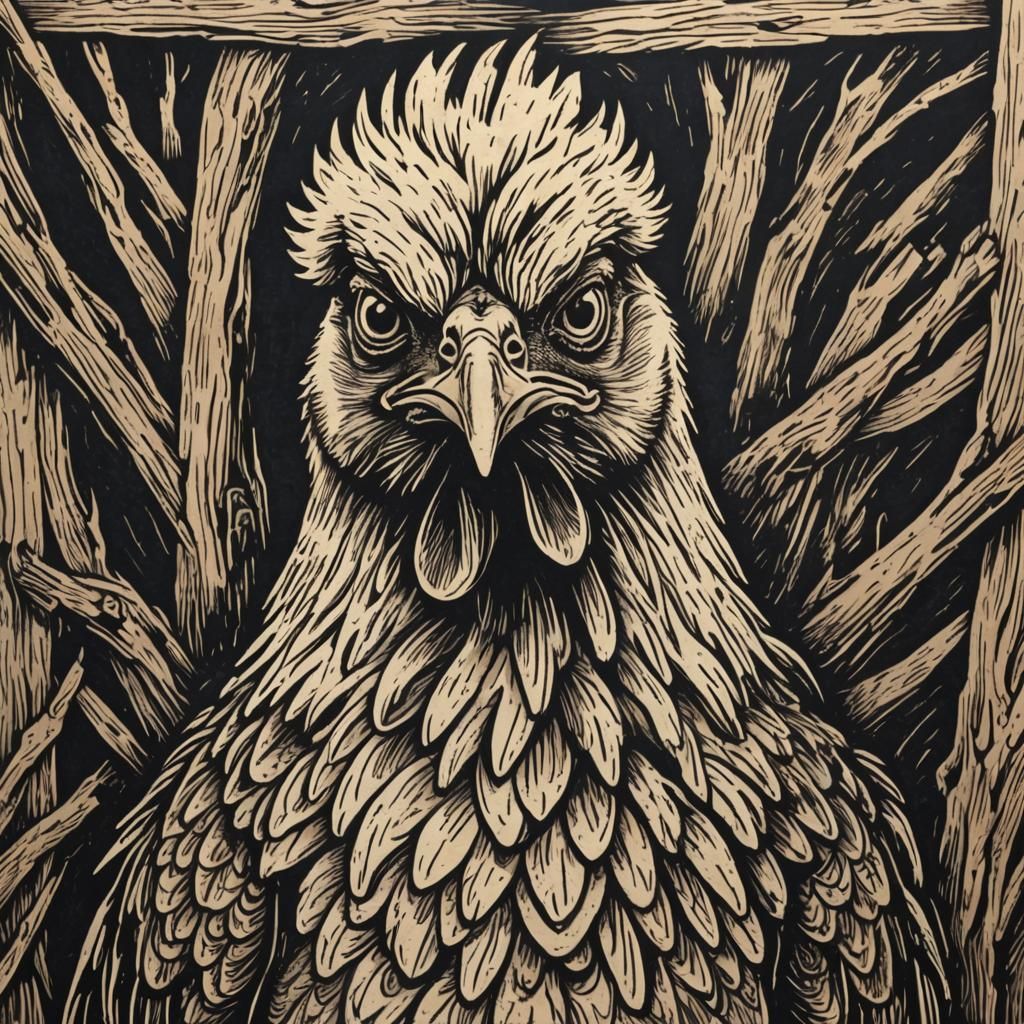 angry chicken. woodcut