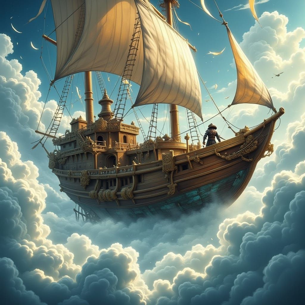 Epic Sky Pirate Airship Soars Through Clouds in High Fantasy...