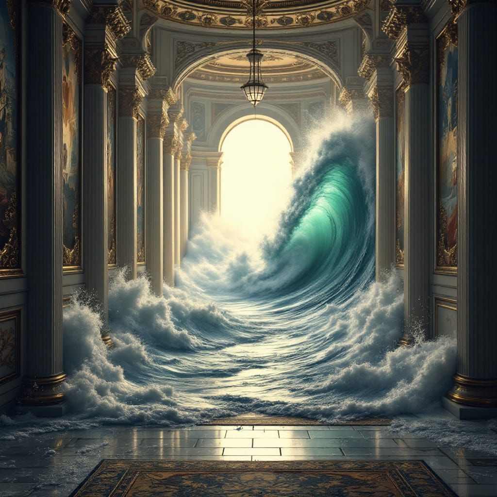 Opulent Palace Hallway Invaded by Giant Ocean Waves