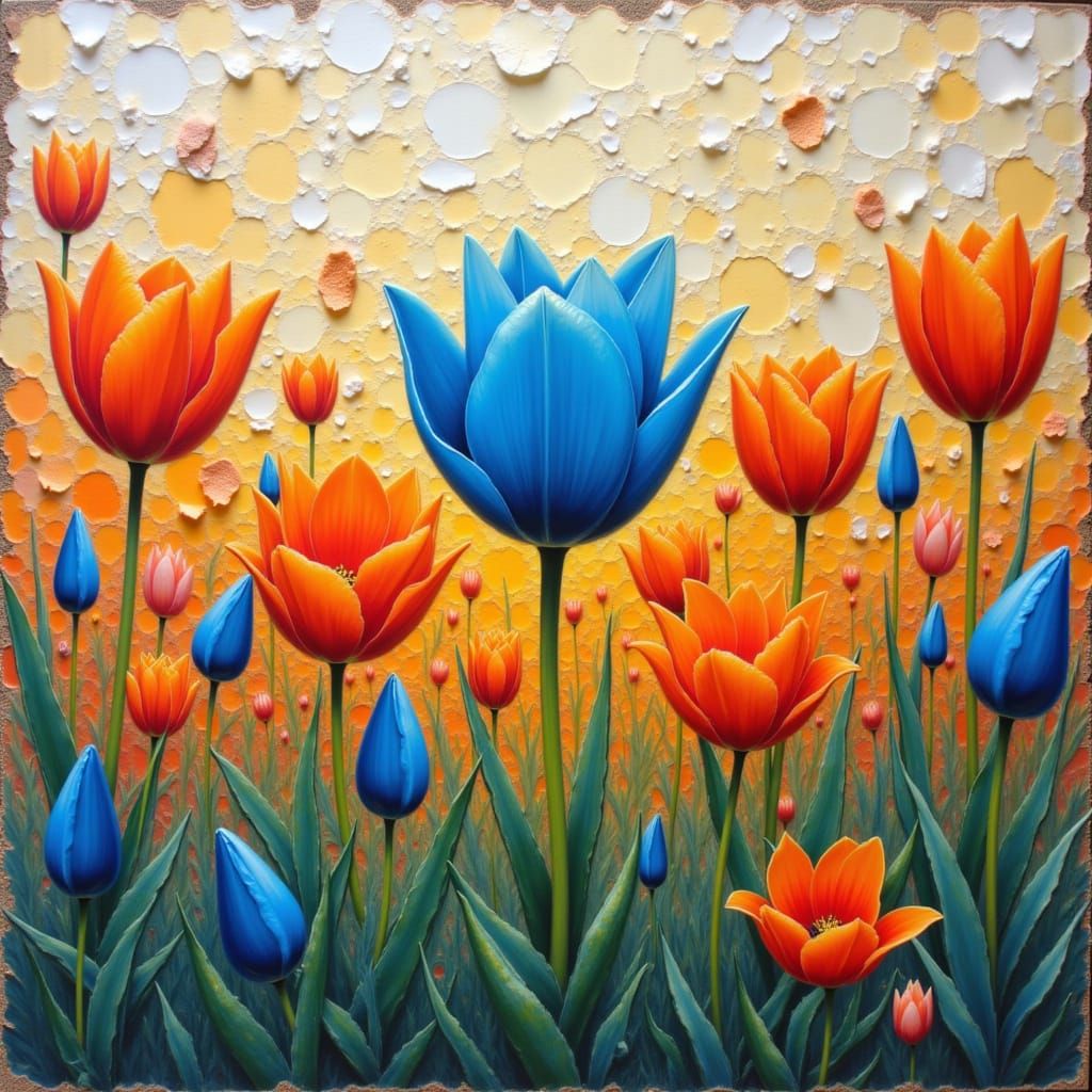 Blue and Orange Tulip Field in Collage Style