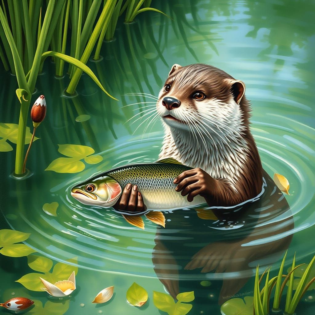 Otter in a Lush Watercolor Landscape Holding a Fish