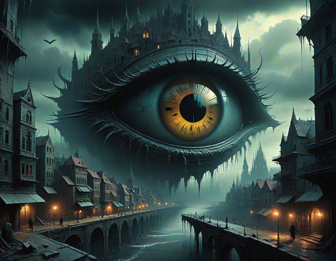 Surreal Cityscape Watched by Giant Eye in Dark Fantasy Style