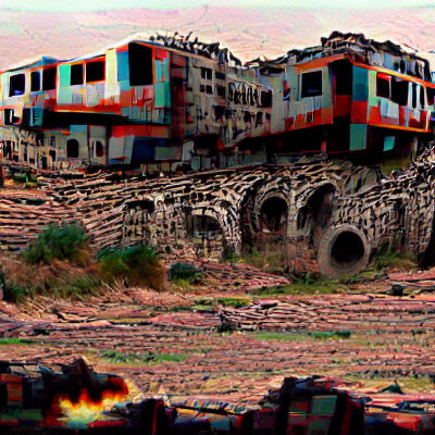 Train Navigates Ruins of Desolated City