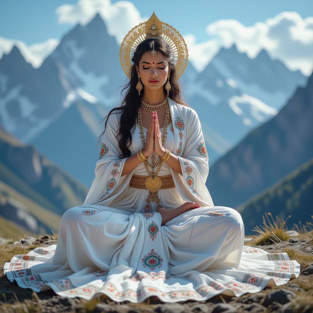 Prophetess Levitating in Mountain Landscape