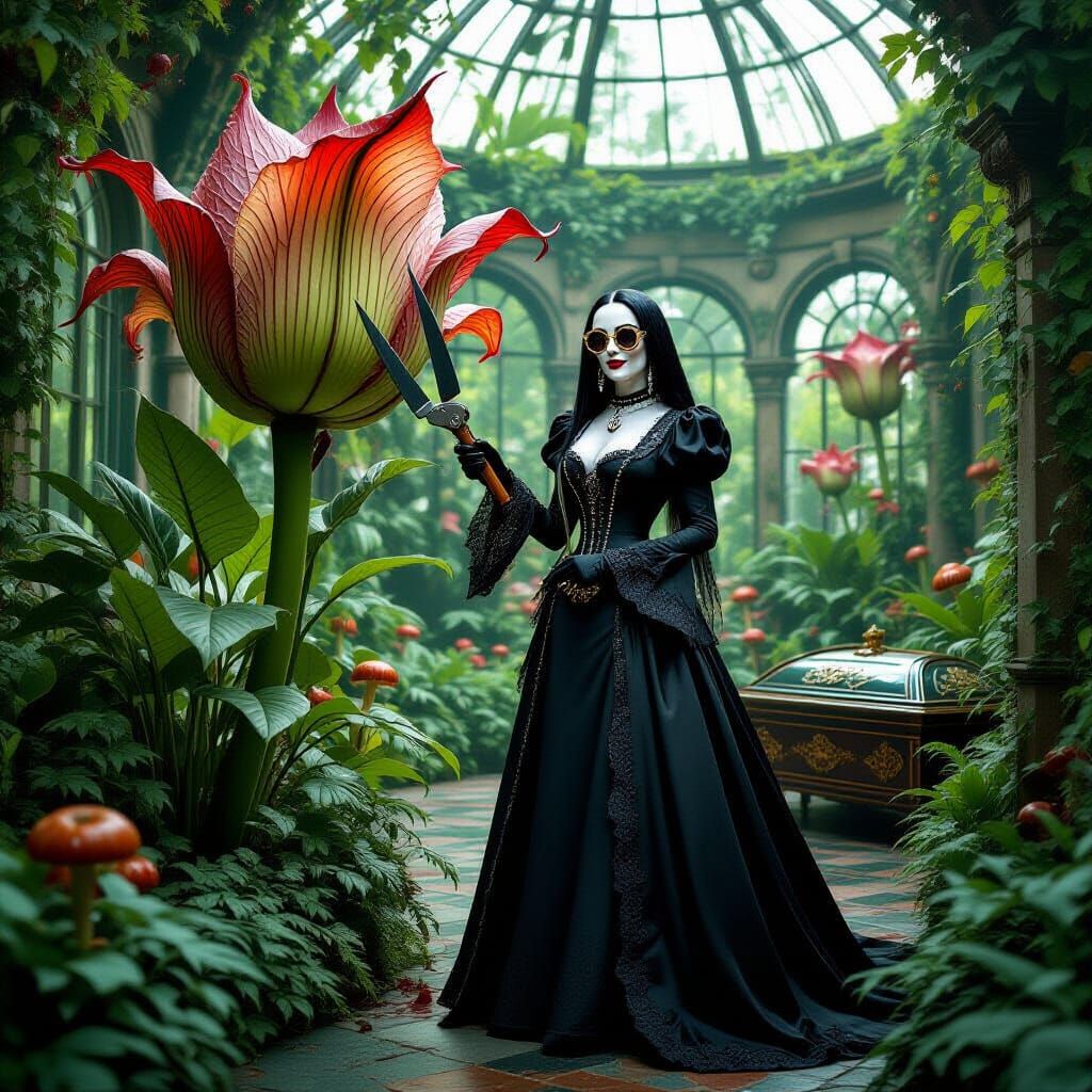 Morticia Addams and Man-Eating Plant in Gothic Conservatory