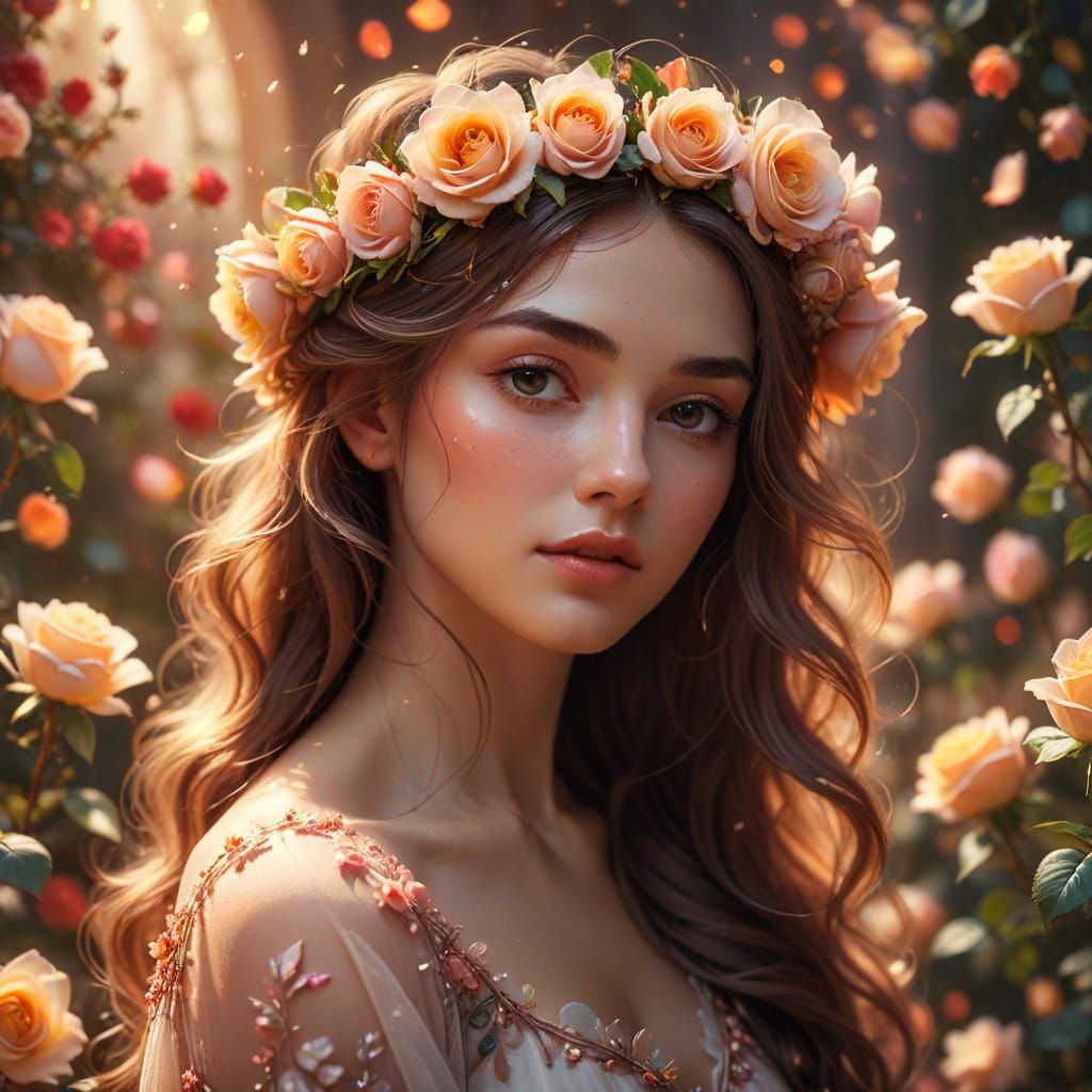 Ethereal Woman Adorned with Roses in Romantic Digital Art St...