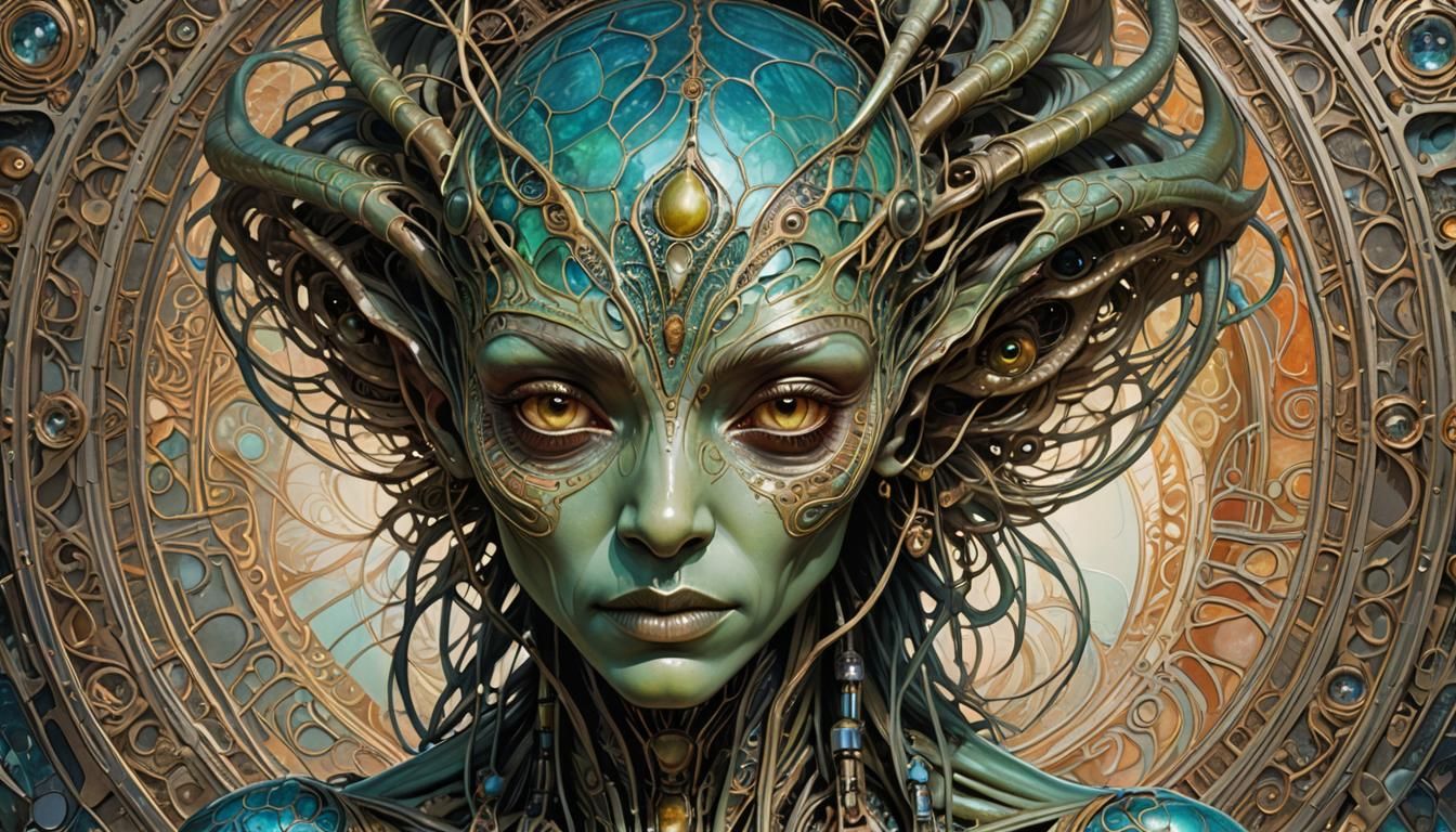 Alien Face Portrait with Symbolic Markings in Digital Art