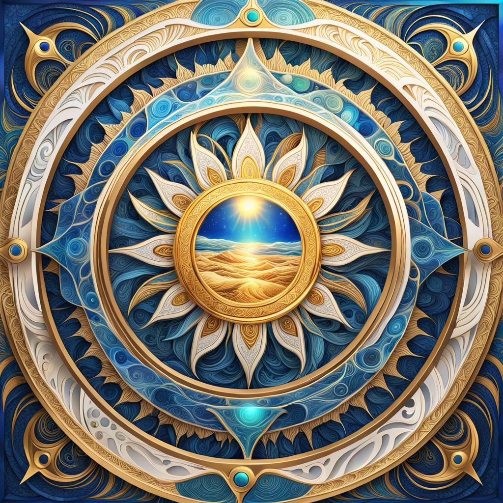 Astral Cosmic Illustration with Sun and Golden Elements