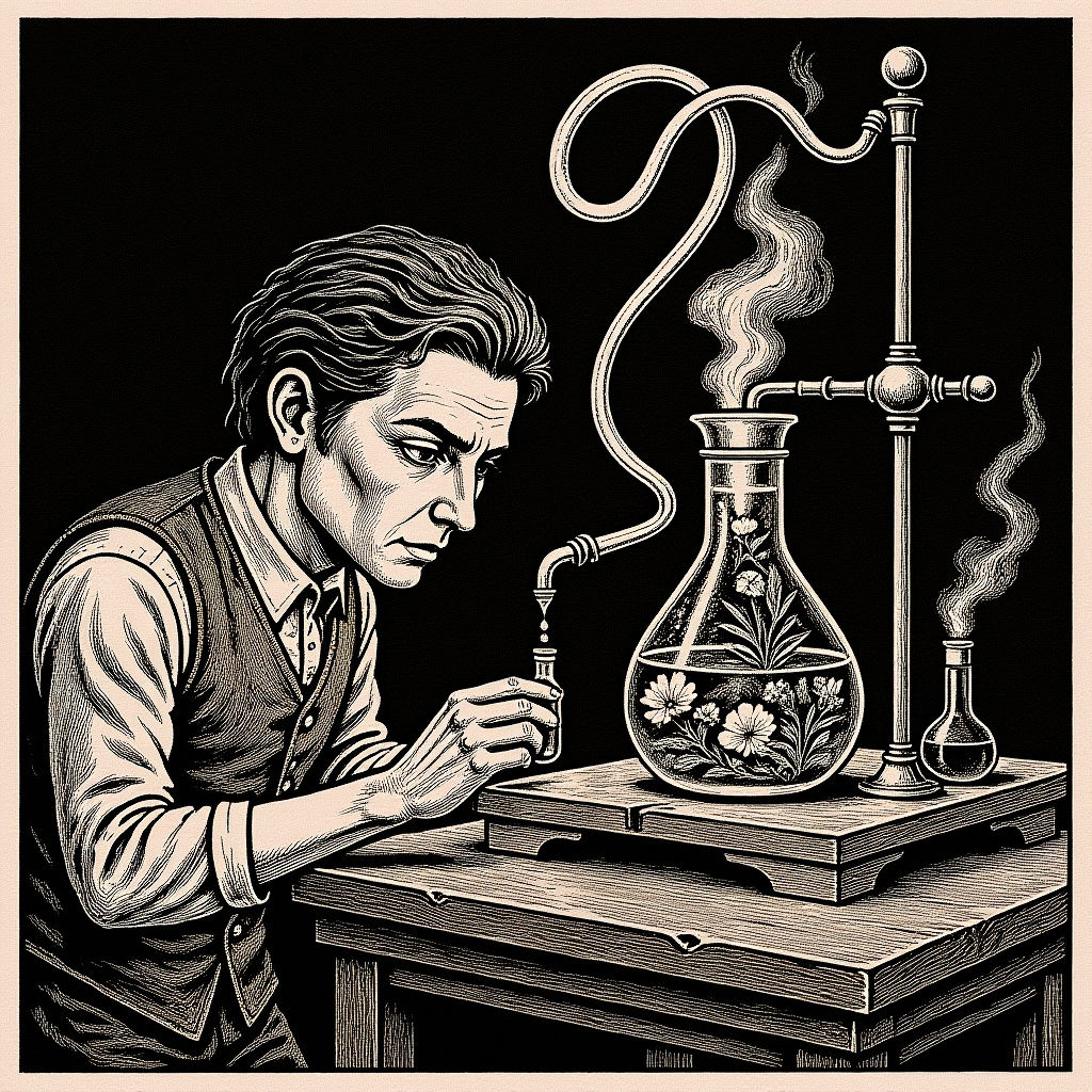 Alchemist Distills Potion in Steaming Laboratory