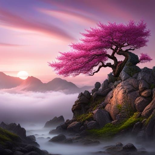 Photorealistic Cherry Blossom Tree in Misty Valley