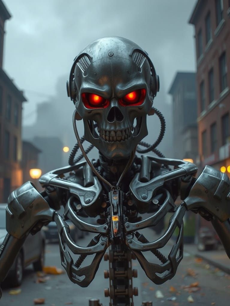 Menacing Skeletal Robot in Dystopian Industrial Scene
