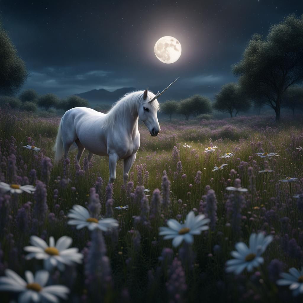 White Unicorn in Moonlit Meadow: Fantasy Concept Art