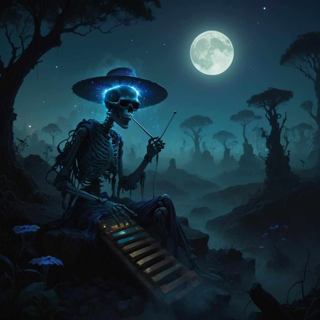 Skeletal Musician in Twilight Realm, Dark Fantasy Concept