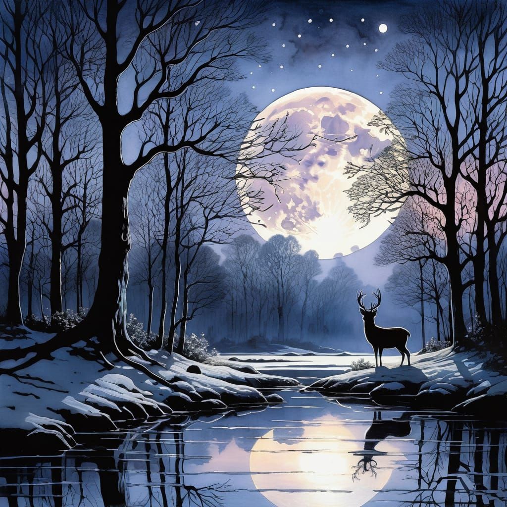 A dreamlike, moonlit landscape where the full moon hangs lar...