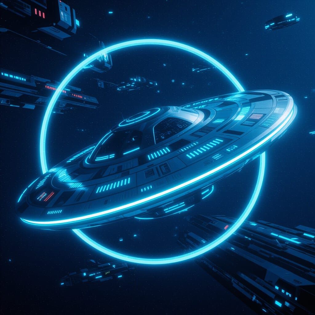 Alien Spaceship with Glowing Rings in Cosmic Style