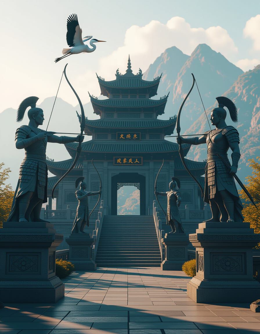 Mountain Palace with Stone Warriors in Double Exposure Style