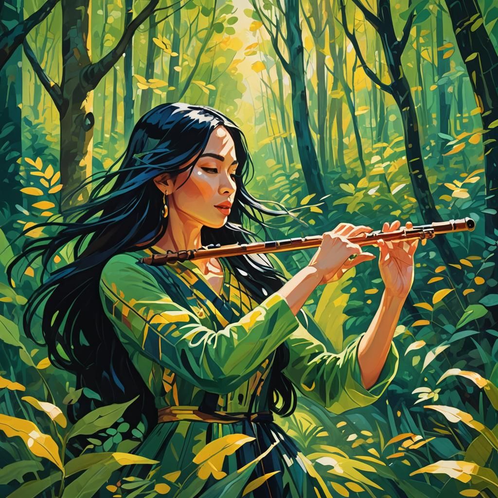 Girl Plays Flute in Lush Fauvist Forest