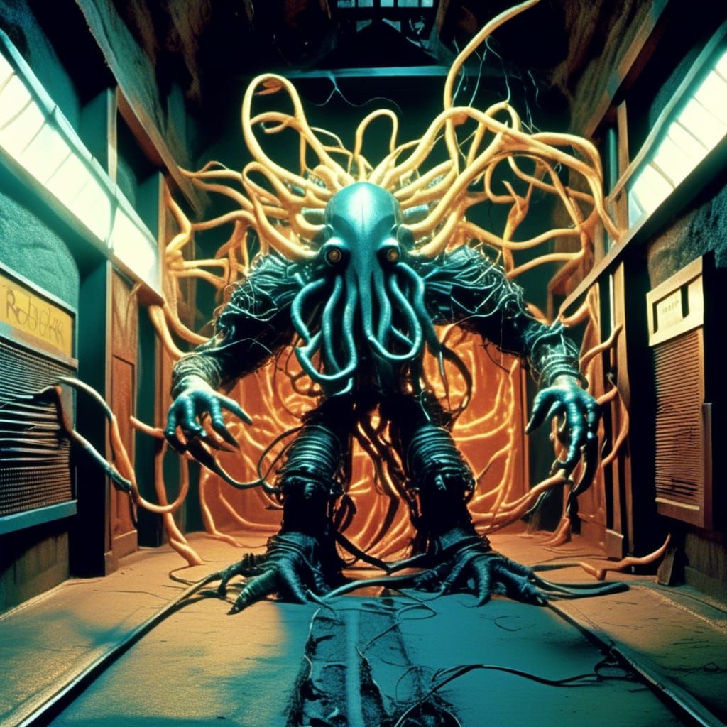 Lovecraftian Machinepunk Titan in Dark Alley