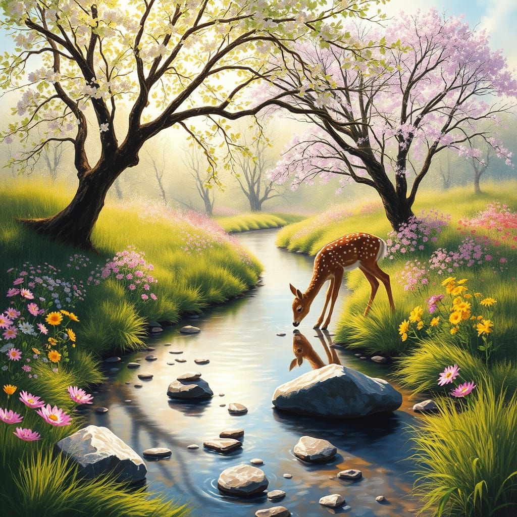 Romantic Spring Landscape in Impressionist Oil Painting Styl...