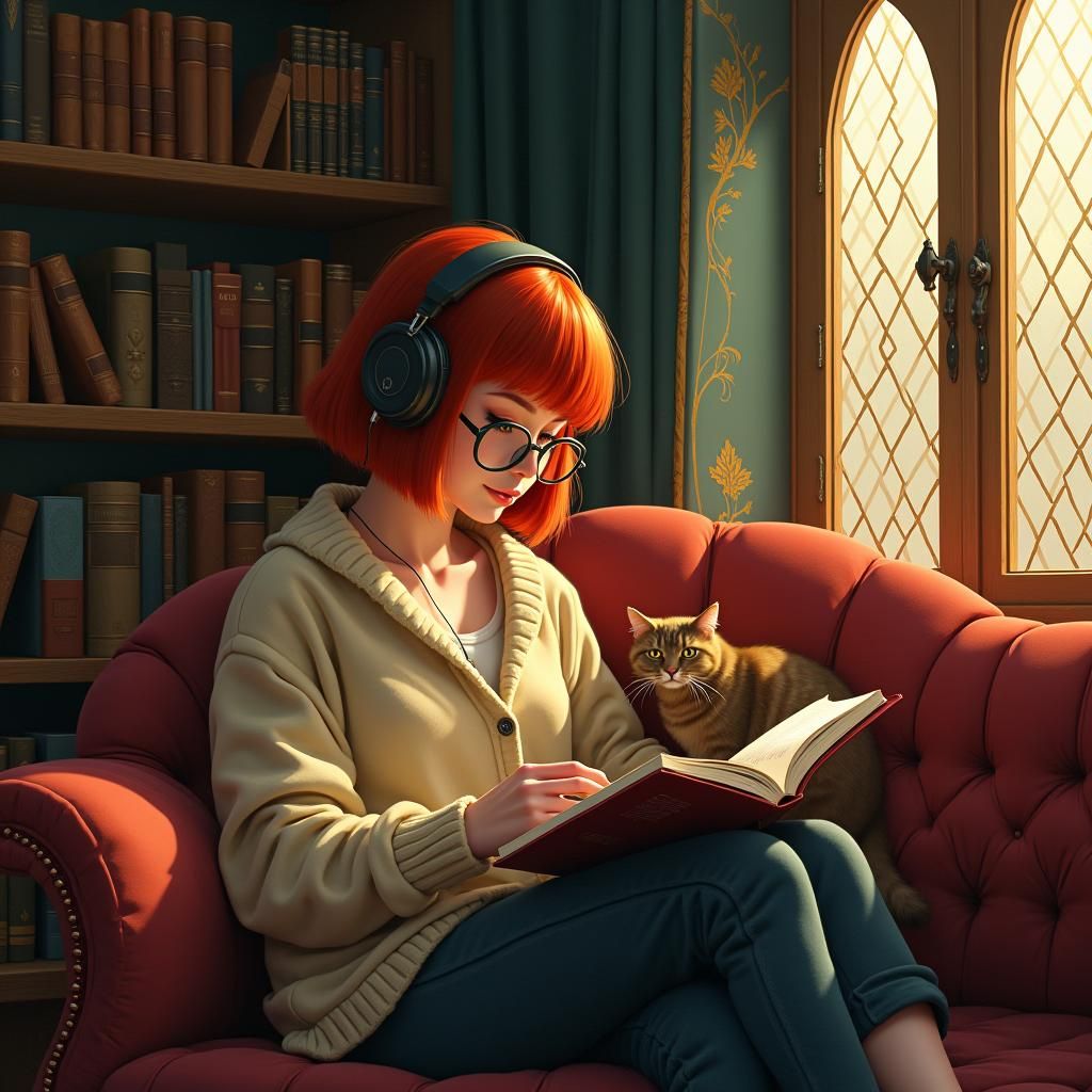 Woman Reading by Bookshelf in Fantasy Art Style