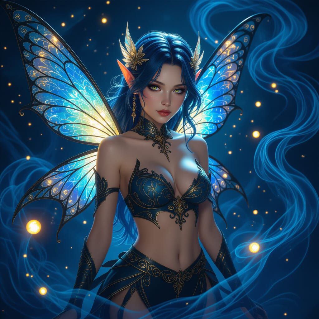 Detailed Fairy Surrounded by Smoke and Light Orbs