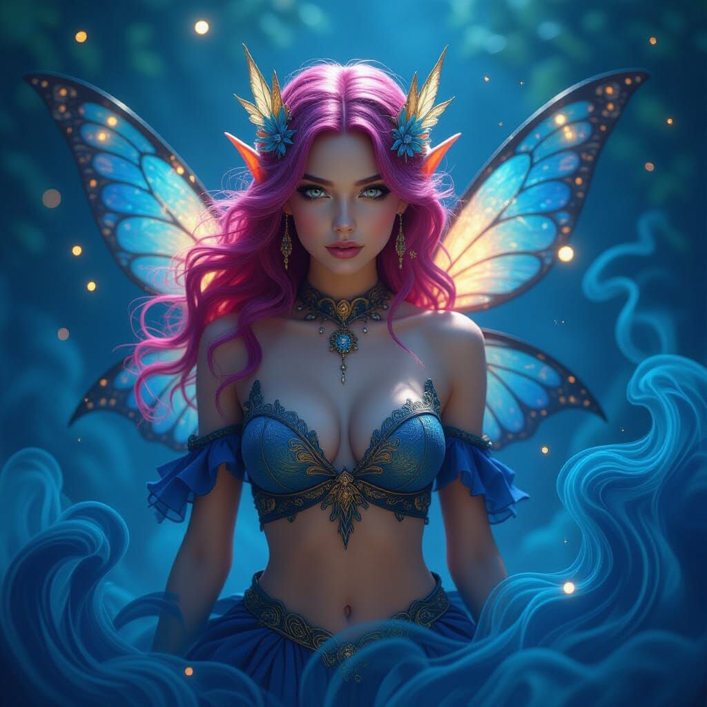 Detailed Fairy Amidst Smoke and Light Orbs in Matte Painting...