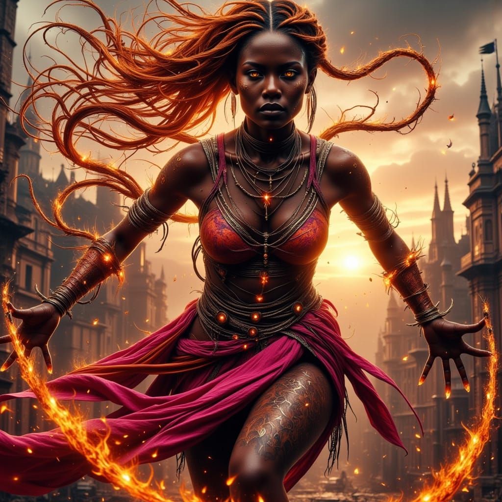 Fierce Warrior Goddess Ignites Blazing Battlefield