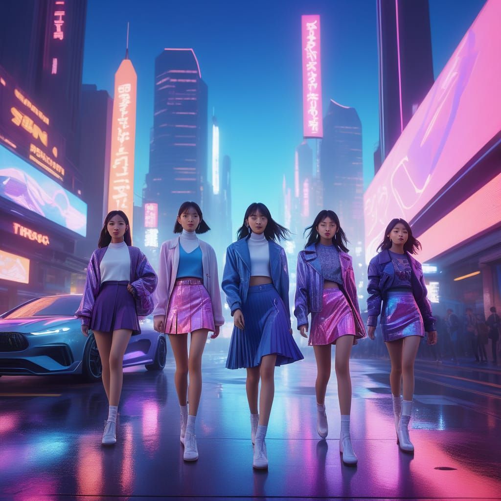 Cyberpunk K-Pop Goddesses Shine in Neon Dreamscape
