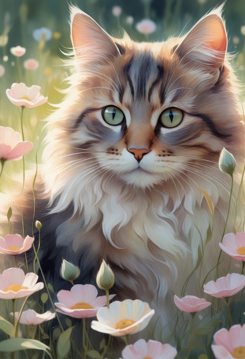 Whimsical Watercolor Kitty in Sunny Meadow