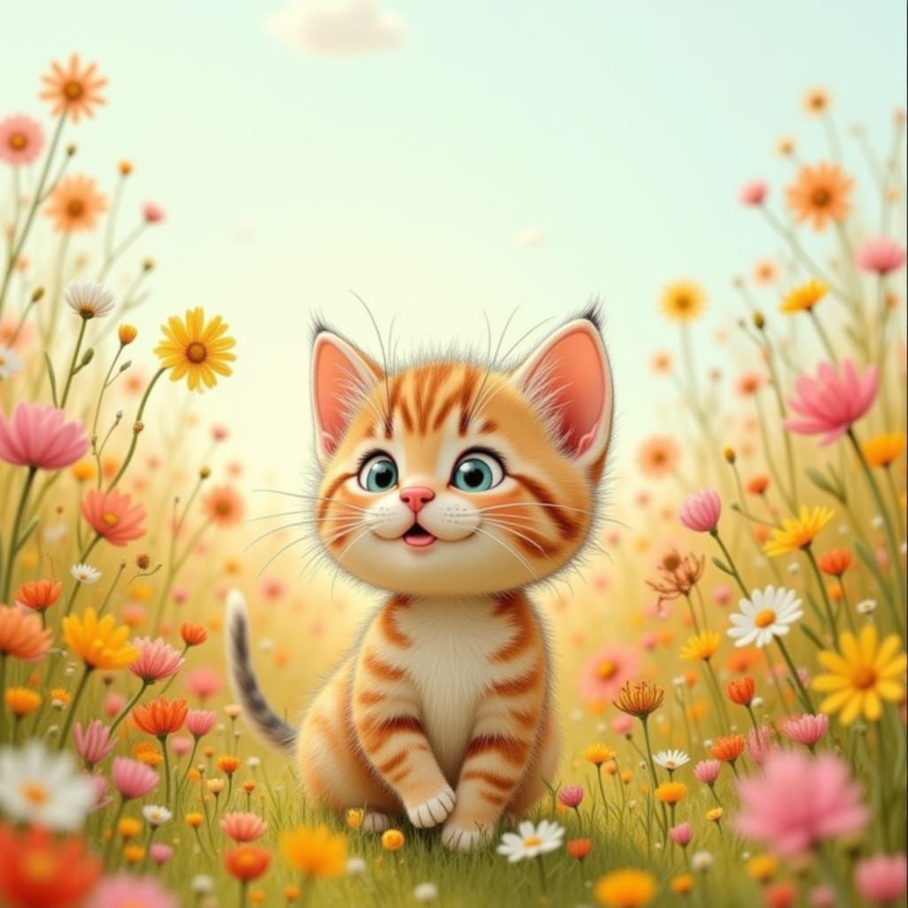 Kitten Playing in Wildflower Field - Whimsical Illustration ...