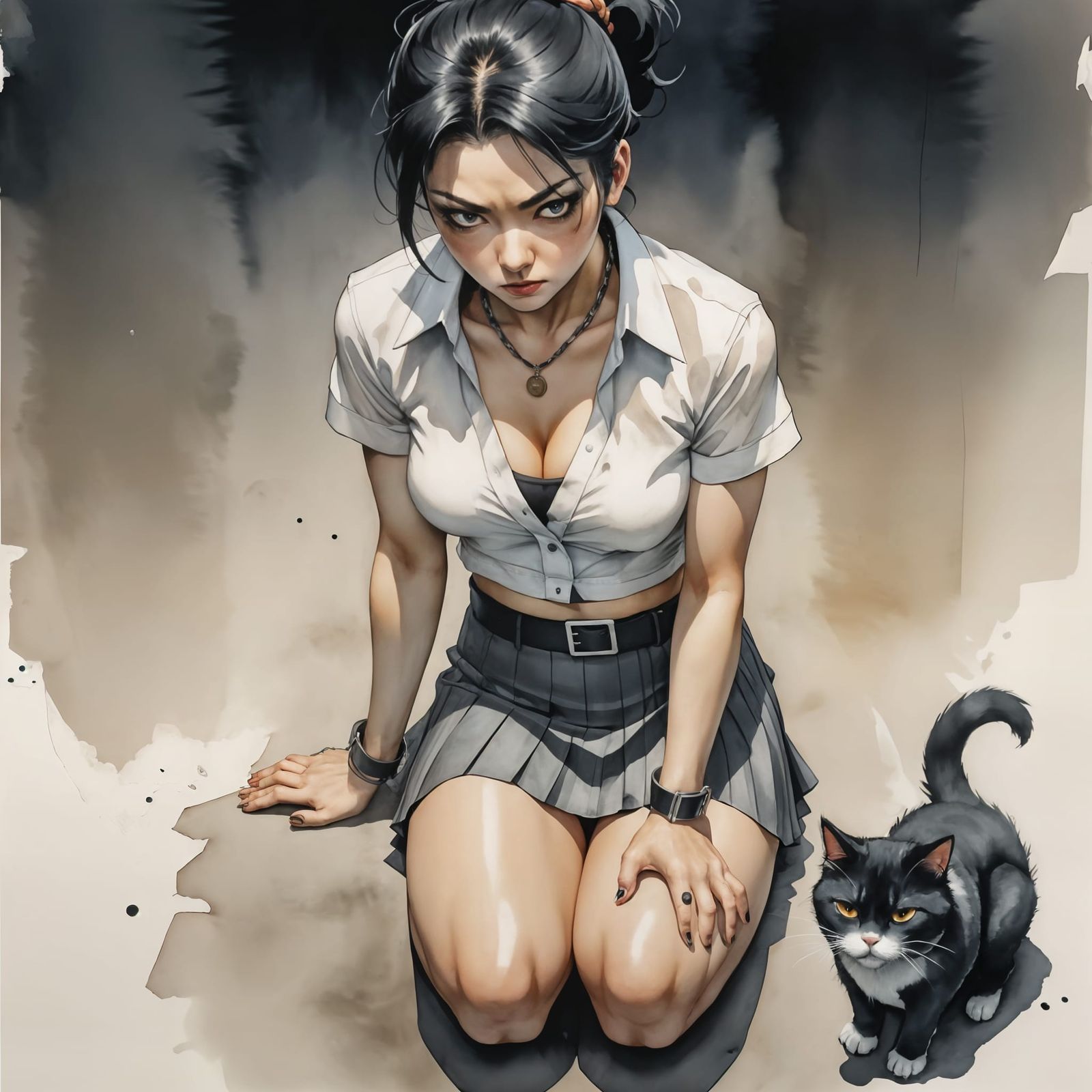 Gritty Female Yakuza Petting Grumpy Cat in Dark Watercolor C...