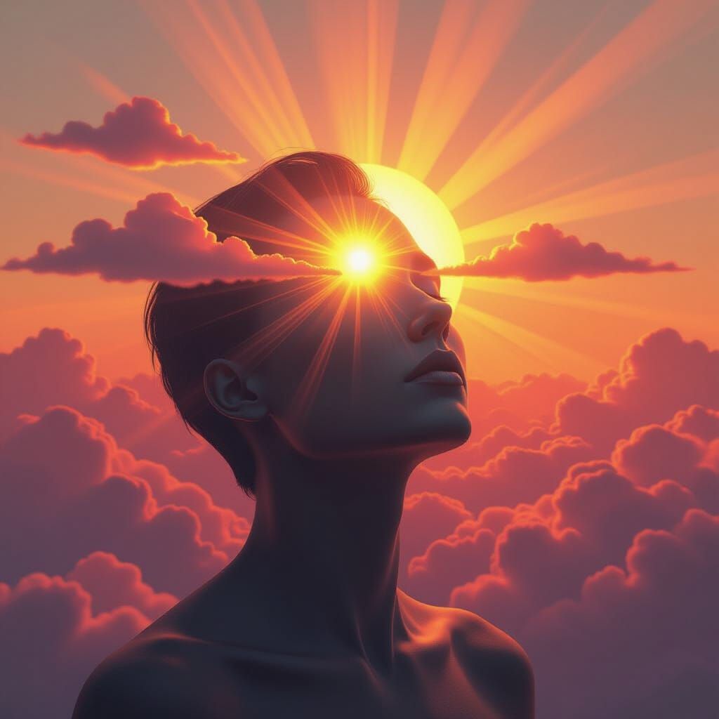 Surreal Human Form Dissolving into Golden Dawn Light