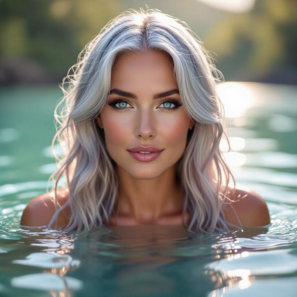 Serene Water Scene: Hippy Woman with Silver Hair