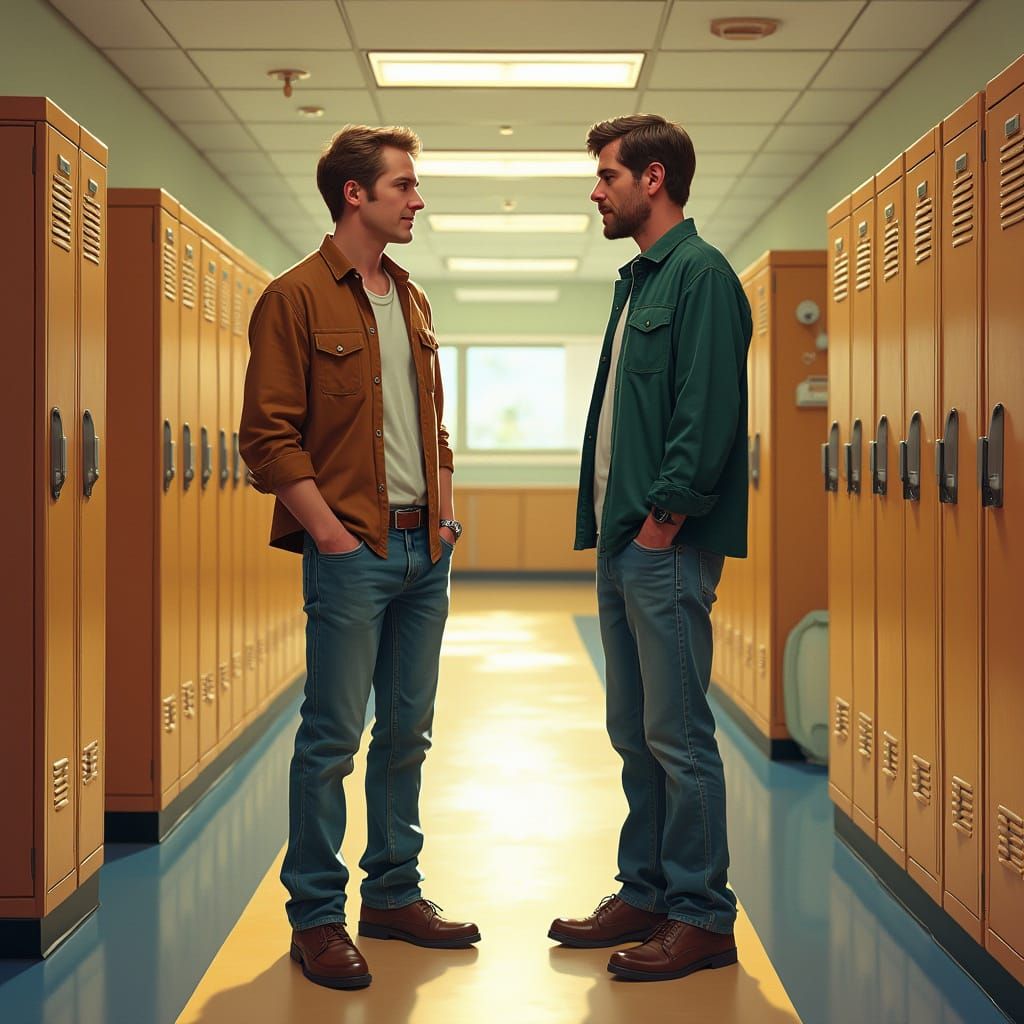 Charley Boorman Scott Bakula Chat in School Hallway