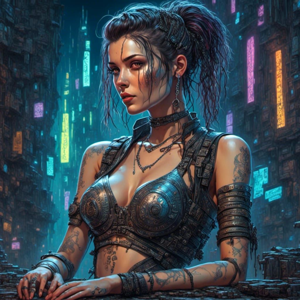 Beautiful Cyberpunk Woman in Neon Lights