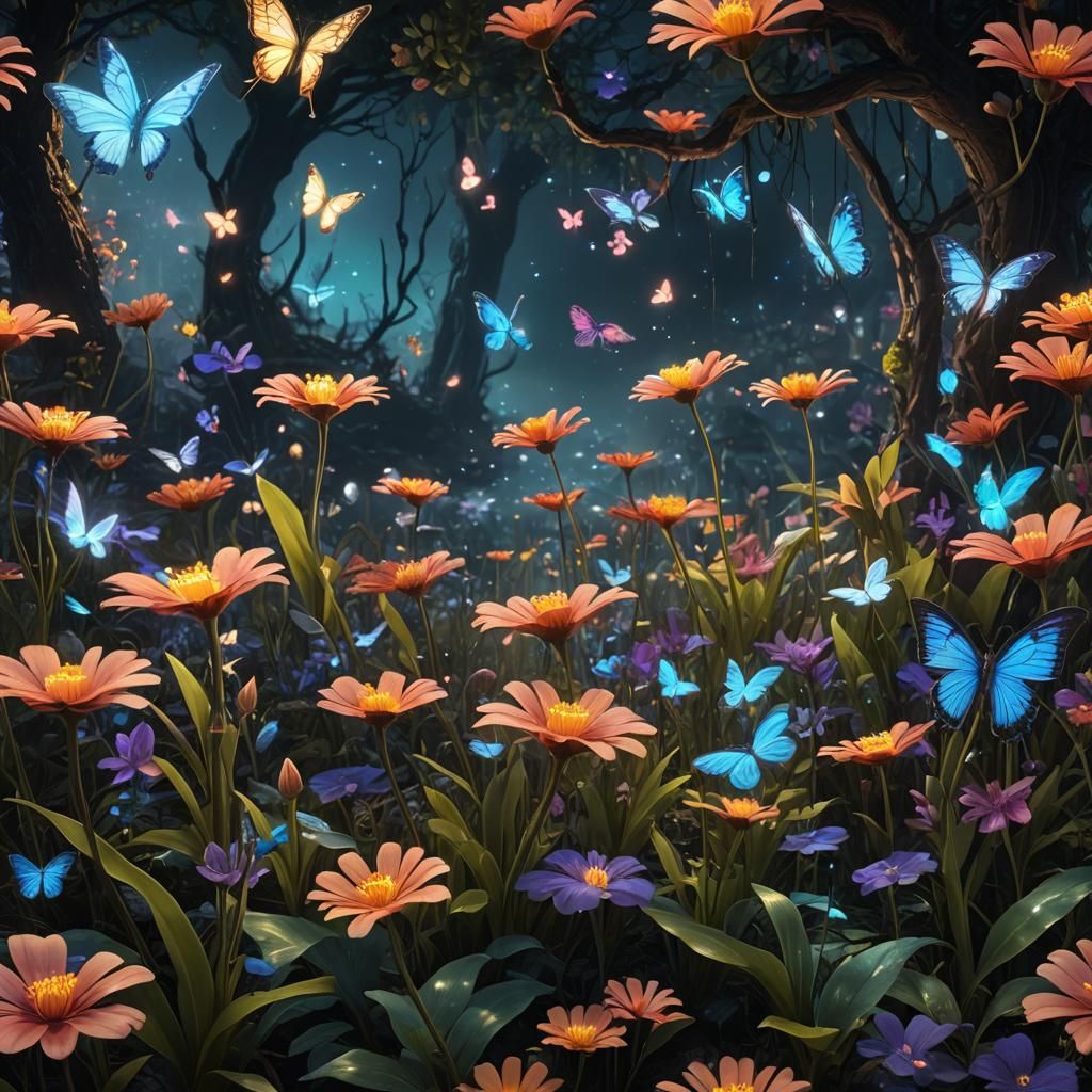 Surreal Garden Blooms with Bioluminescent Flowers, Butterfli...