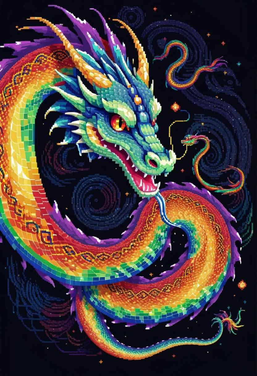 Rainbow Dragon-Snake in 1-bit Pixel Art