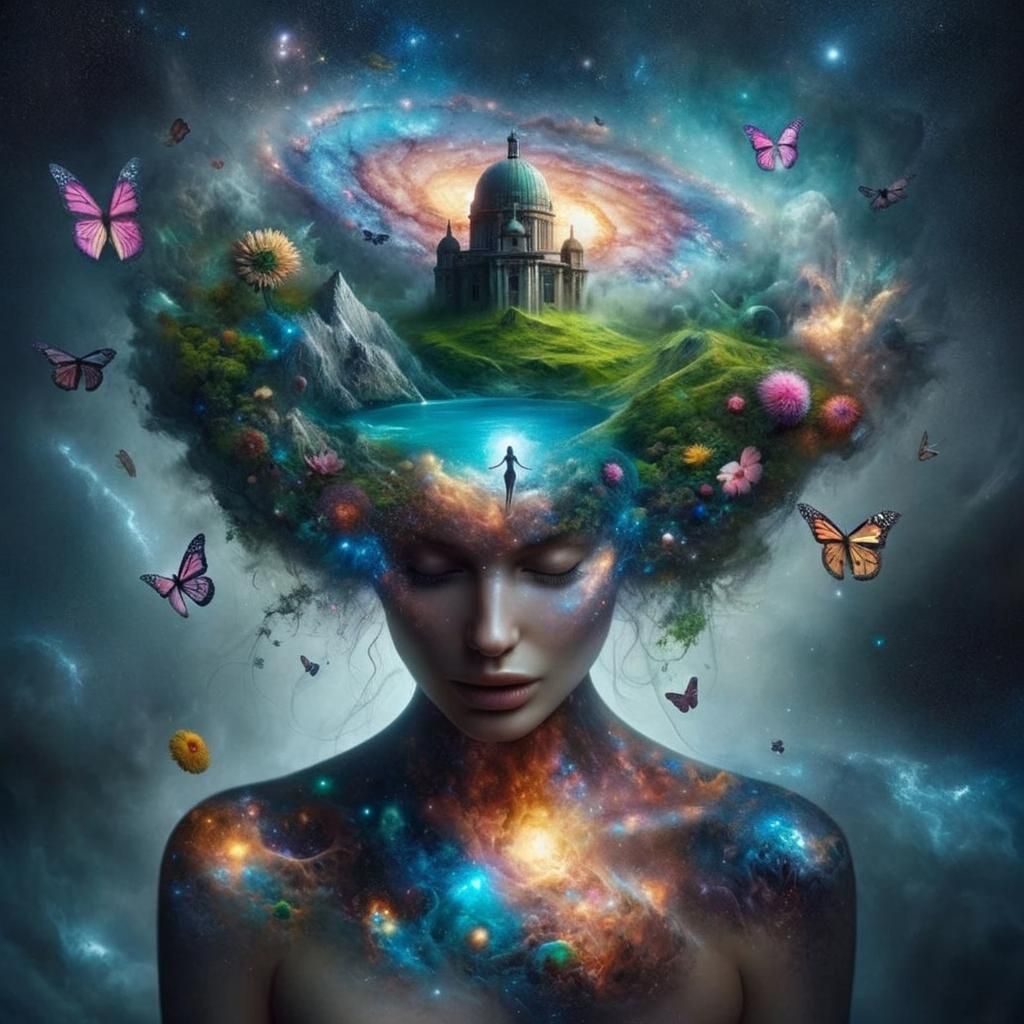 Surreal Portrait: Woman Merging with Fantasy Universe