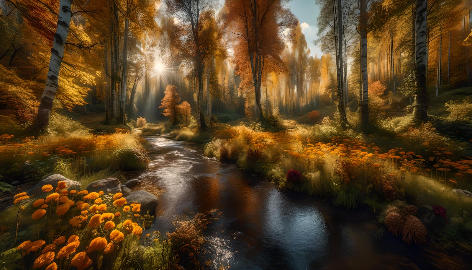 Autumn Birch Forest with God Rays in Cinematic Style