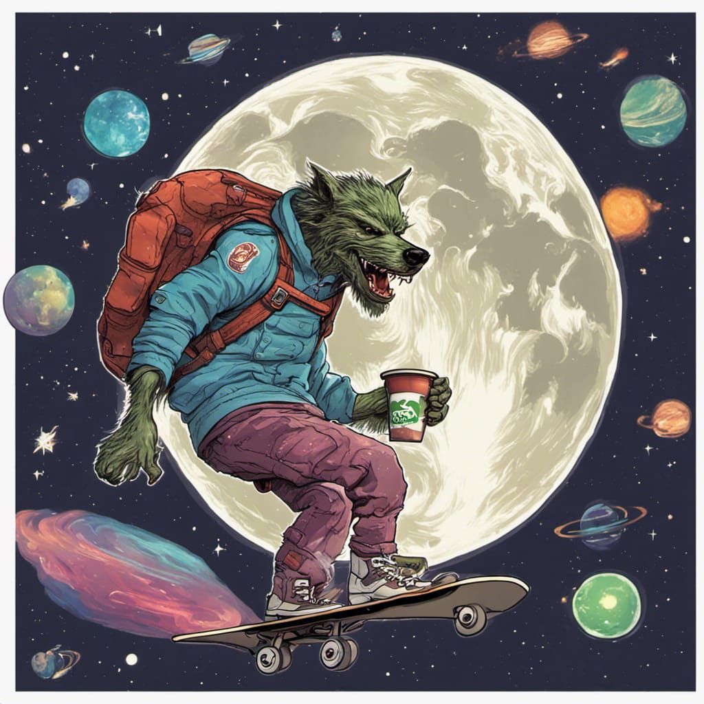 Werewolf Skateboarding in Space Eating Noodles
