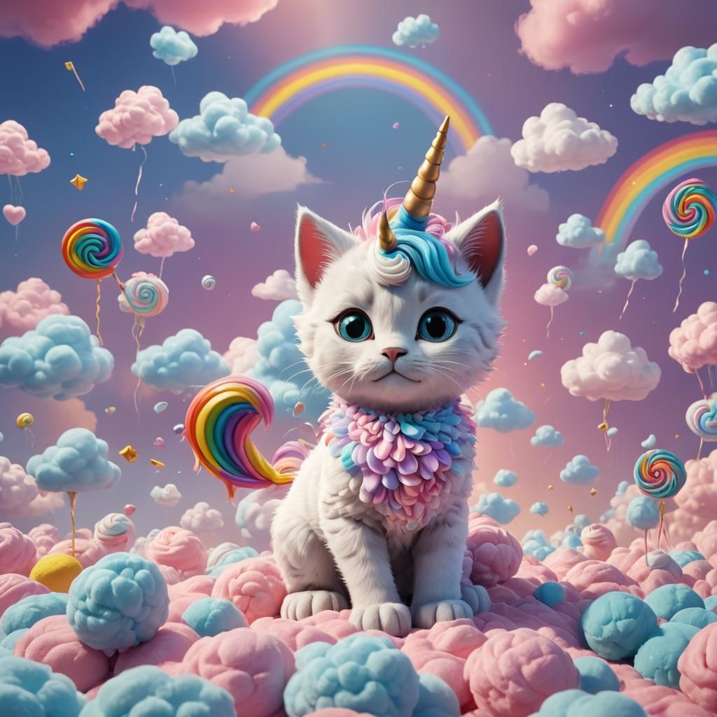 Unicorn Kitten in a Candy Cloudscape: 3D Digital Art