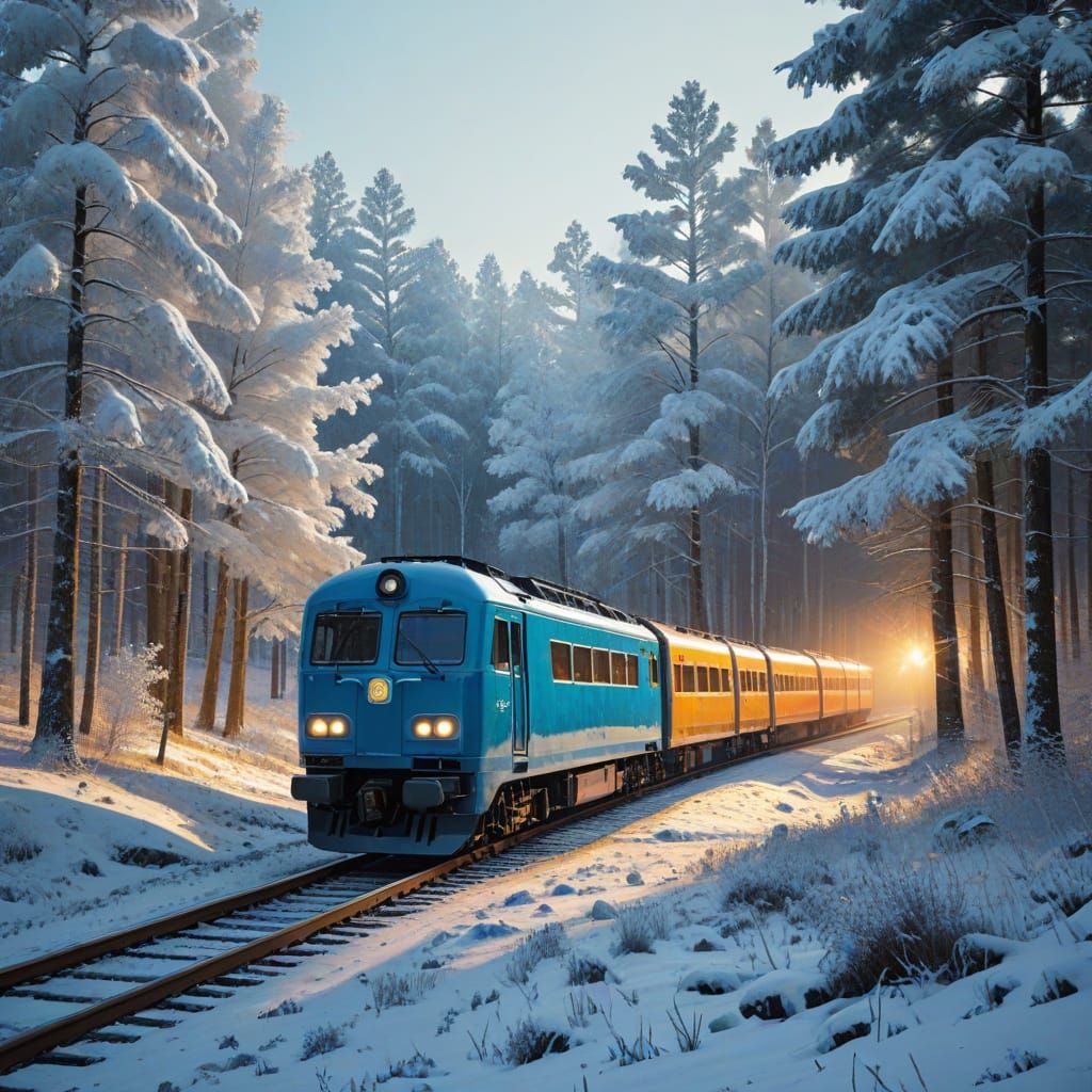 Winter Train Journey Through Snowy Forests in Bauhaus Style